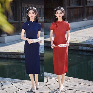 2025春夏新款弹力棉麻条纹旗袍复古典雅文艺风改良现代旗袍裙少女