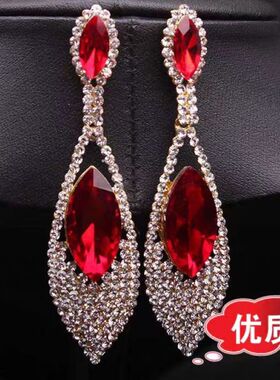 S925银针欧美大牌奢华红宝石耳坠夸张耳环时尚晚宴礼服女气质耳饰