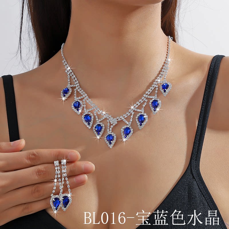 欧美热销跨境货源新娘项链套装高档百搭宝蓝水晶锁骨链耳环两件套