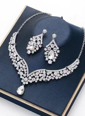 欧美创意新款夸张水晶项链耳环新娘婚礼首饰套装装饰晚安女式个性