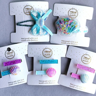 外贸贝壳海边儿童发饰流沙亮片丝带蝴蝶结彩色蓝色小发夹发卡头饰