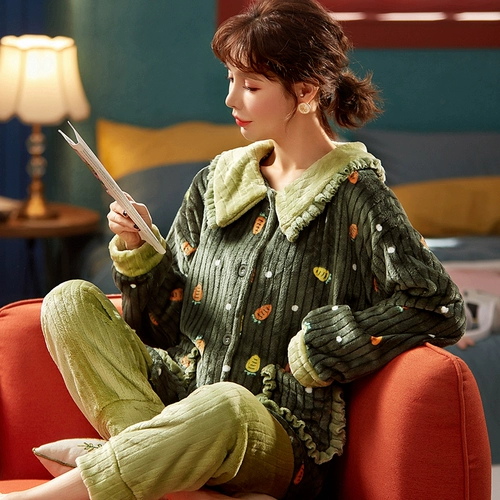 Коралловая бархатная демисезонная пижама, утепленный комплект, фланелевый кардиган, в корейском стиле