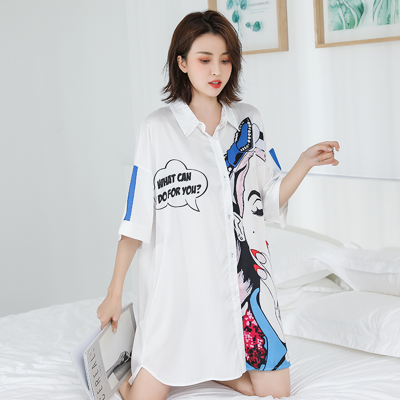 春夏睡裙女短袖中长款丝绸宽松夏天韩版休闲印花冰丝家居衬衫裙在类目 女士内衣/男士内衣/家居服, 睡裙中 - 来自Buy2taobao.com提供专业的淘宝代购服务