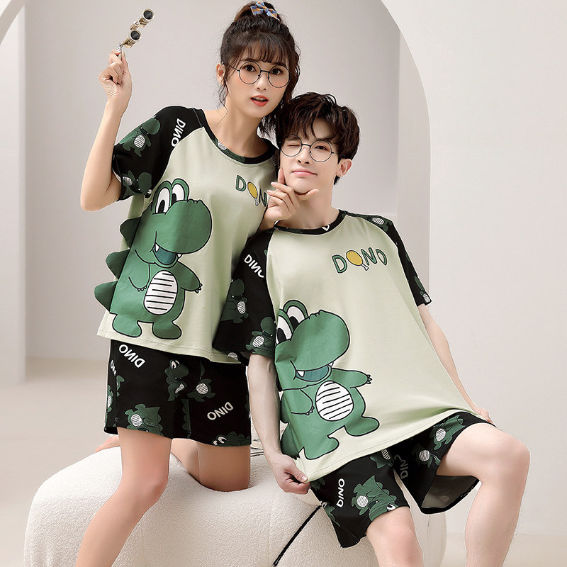 夏季情侣睡衣女短袖纯棉卡通可爱套头两件套装薄款男士春秋家居服