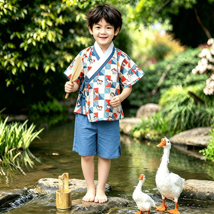 汉服男童夏季2026新款儿童新中式改良套装古风短袖幼儿园演出服装