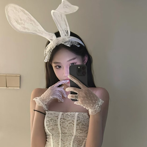 氛围感白色蕾丝长兔耳发箍女