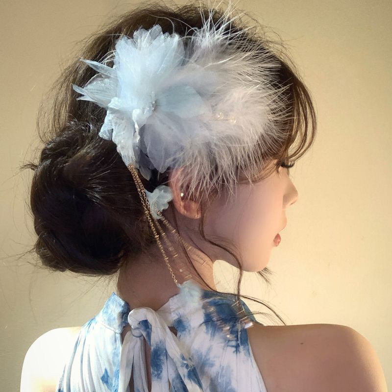 超仙花朵流苏羽毛发夹女精致时尚百搭甜美发饰氛围感温柔森系头饰