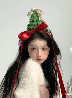 圣诞节圣诞树造型红色蝴蝶结发箍女丝带可爱少女节日氛围头饰发饰