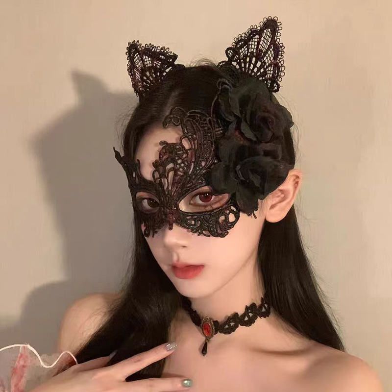 万圣节猫耳发箍蕾丝花朵面具女