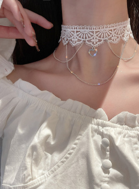 镂空白色爱心蕾丝吊坠项链女