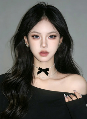 双层叠带黑色蝴蝶结项链女