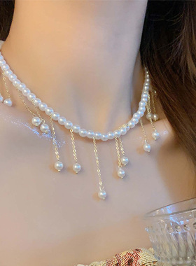 法式轻奢仿珍珠流苏吊坠项链女