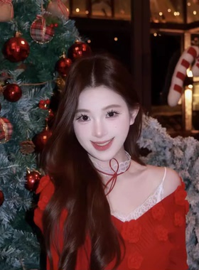 法式甜辣风红色蝴蝶结蕾丝项链女