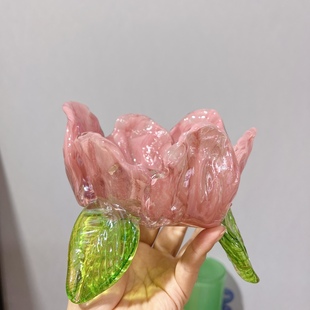 粉色花瓣玻璃果盘 外贸设计感果斗 vintage中古琉璃花瓶 现代简约