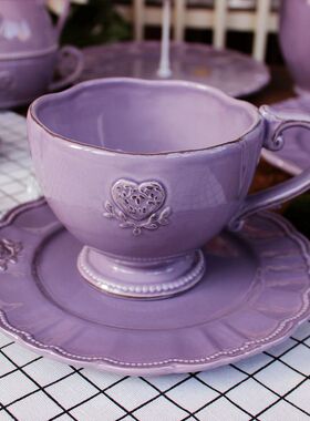 出口陶瓷欧式复古做旧浮雕杯子大汤杯麦片杯水杯紫色餐具套装