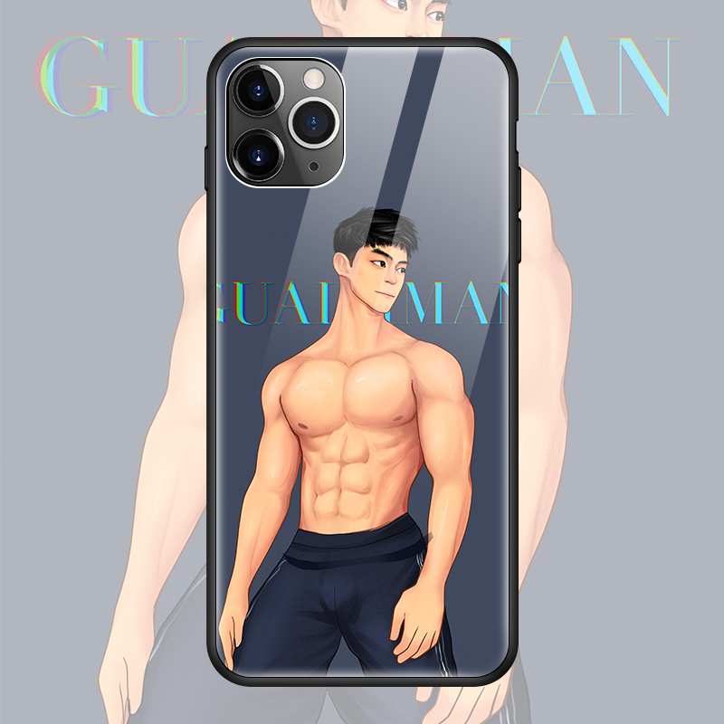 ins肌肉男手机壳适用华为mate40苹果12Promax基友玻璃壳OPPOreno5