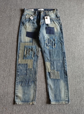 牛王再现FDMTD补丁做旧剌子BORO糜烂破坏丹宁赤耳水洗牛仔裤fdmtl