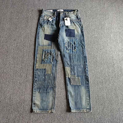 牛王再现FDMTD补丁做旧剌子BORO糜烂破坏丹宁赤耳水洗牛仔裤fdmtl