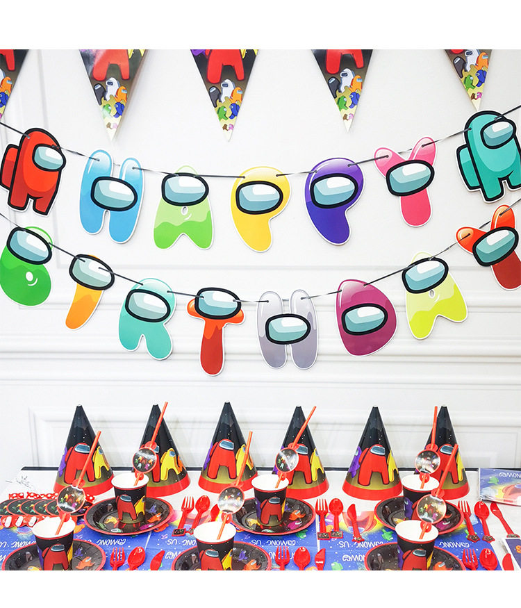 太空狼人杀among us生日派对装扮用品游戏主题餐具纸杯盘桌布气球