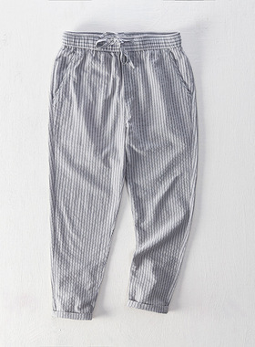 l8105 春夏季新款简约系绳休闲裤男士灰色条纹直筒长裤男