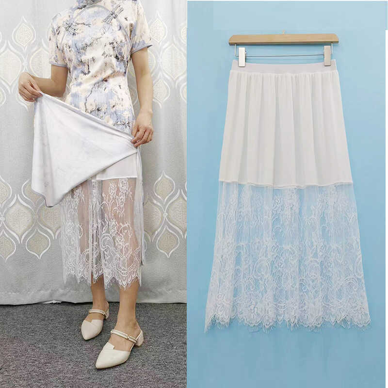 打底旗袍加长衬裙蕾丝叠衬裙汉服防走光安全裙夏季薄款冰丝打底裙