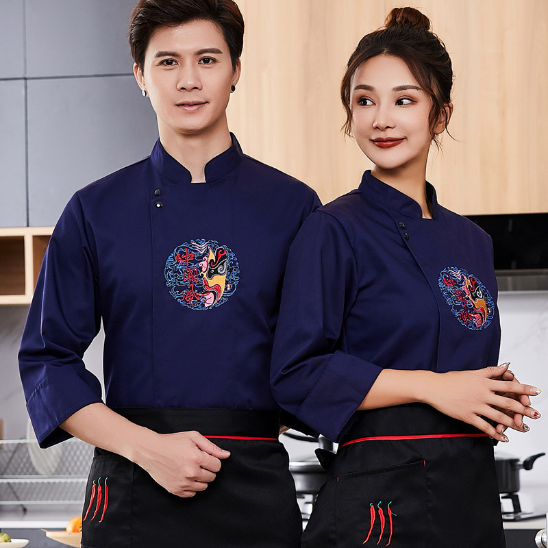 高档全棉订制酒店厨师服长袖男中国风餐厅饭店后厨房短袖厨衣透气