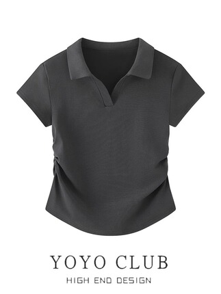 品牌折扣夏季时尚褶皱polo领正肩短袖t恤女短款百搭收腰显瘦上衣