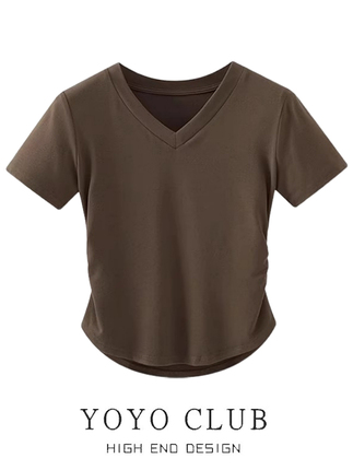 Yoyo Club Brand Discount Slim-Fit Design Summer V-Neck Regular Shoulder T-Shirt Women's Short-Sleeve Waist-Cinching Pleated Top