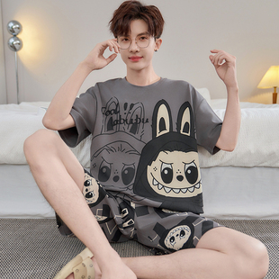 睡衣男夏季短袖纯棉青少年卡通拉布布宽松加肥大码中大童两件套装