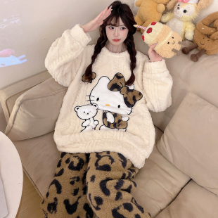 大码睡衣女冬季加绒加厚珊瑚绒卡通加肥加大码宽松保暖法兰绒套装