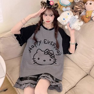 睡衣女夏季 全棉薄款 特大码 短袖 家居服加肥大码 纯棉卡通学生公主款