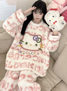 可爱少女款睡衣秋冬加厚珊瑚绒胖MM冬天保暖加肥加大码家居服套装