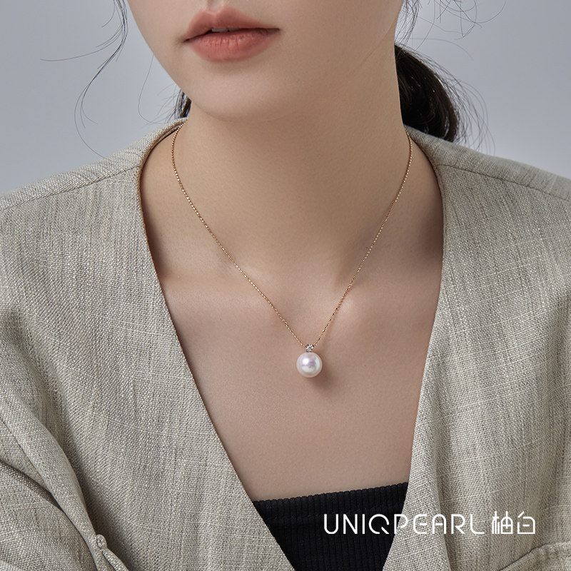 柚白 高品质天然爱迪生珍珠吊坠12mm18K金培育真钻戴妃项链极强光