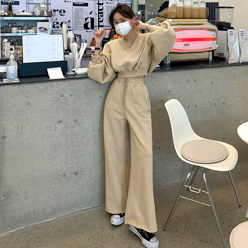 韩国东大门时尚卫衣套装洋气宽松短款上衣加绒阔腿裤两件套女秋冬,女装/女士精品,时尚套装,淘宝优惠券,粉丝福利购,淘宝优惠卷