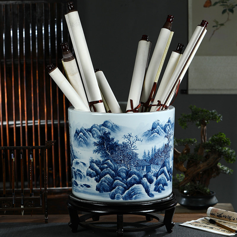 名师手绘吴国军景德镇陶瓷书画缸卷轴字画收纳桶箭筒中式花瓶摆件