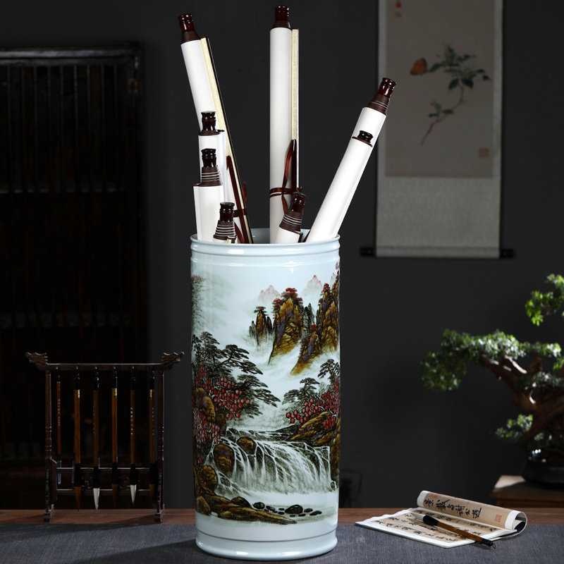 景德镇陶瓷手绘粉彩书画桶卷轴缸字画收纳缸箭筒中式落地花瓶摆件