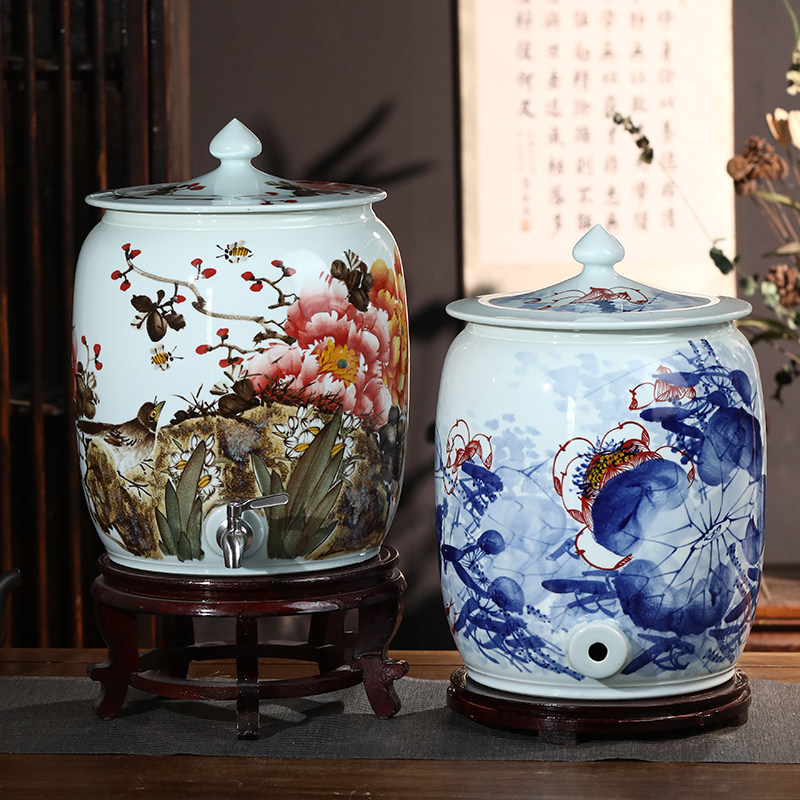 景德镇陶瓷手绘泡茶家用水缸30斤50斤装太岁储水罐纯净水桶带龙头