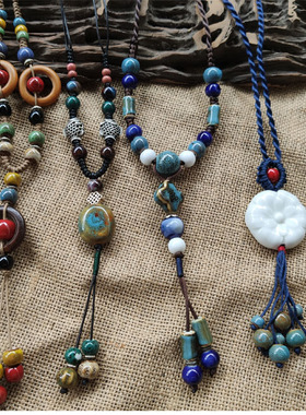 民族风森系手工陶瓷挂件毛衣链