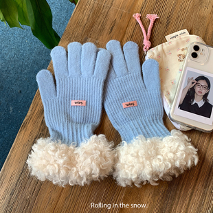 冬季 韩系ins露指针织毛线手套女可触屏保暖防寒骑行分指毛绒手套