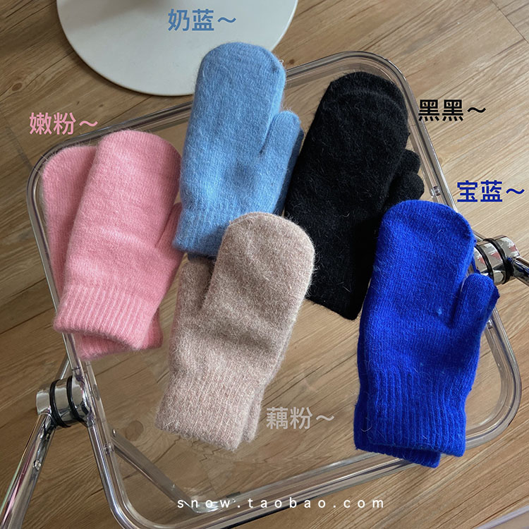 冬季韩国ins连指手套加厚保暖学生骑车防寒加绒可爱全指手套兔毛
