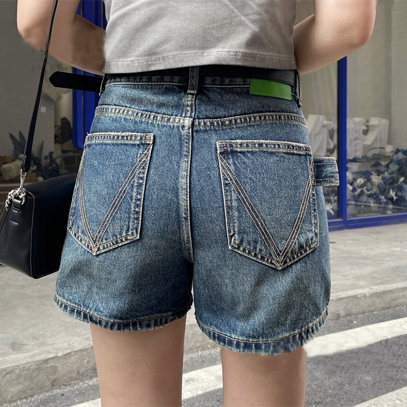 欧货明线刺绣夏季高腰牛仔短裤夏季显瘦百搭弹力热裤超短裤a字