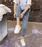 Джинсовые весенние эластичные приталенные штаны, европейский стиль, свободный прямой крой, подходит для подростков, по фигуре, высокая талия