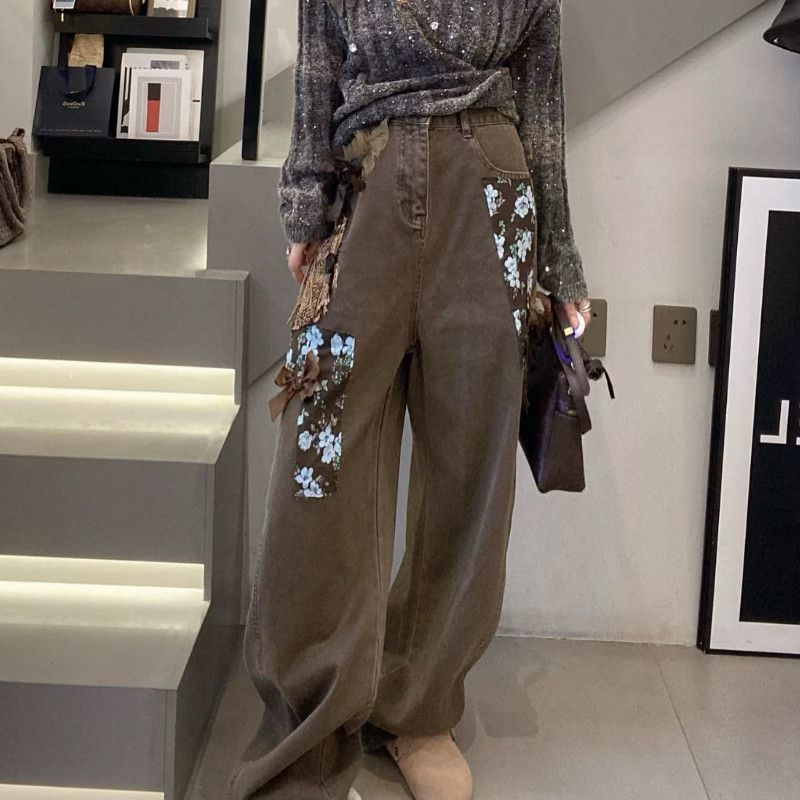 2025秋冬新款贴布水洗牛仔裤女显瘦宽松阔腿裤弯刀裤长裤欧货