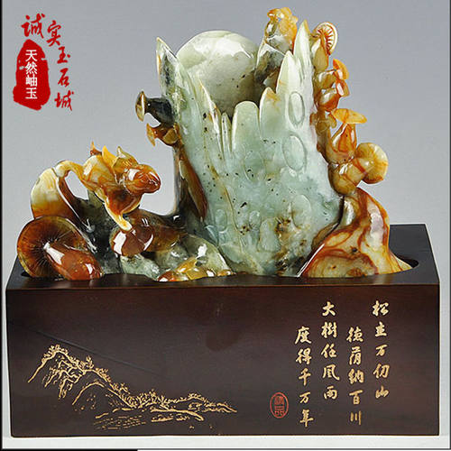 岫色天然玉石岫玉摆件花玉笔筒