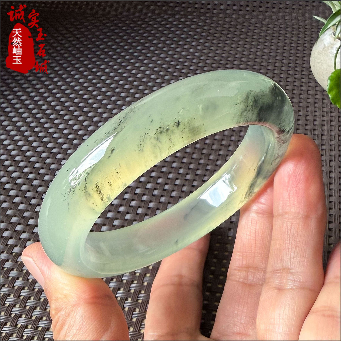 岫色 天然玉石手镯绿色女款水润正圈玉镯岫玉手镯子水墨风内径57