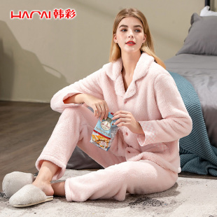 秋冬季 冬天加绒加厚保暖春秋珊瑚绒两件 法兰绒睡衣女士家居服套装