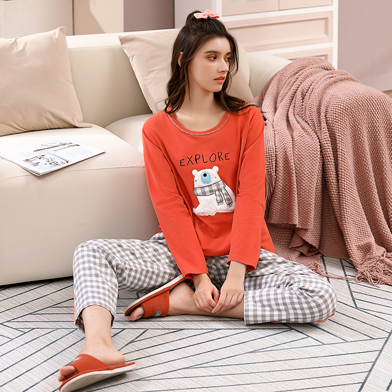 韩彩女士秋冬款睡衣长袖长裤睡衣女春秋季可外穿家居服休闲套装