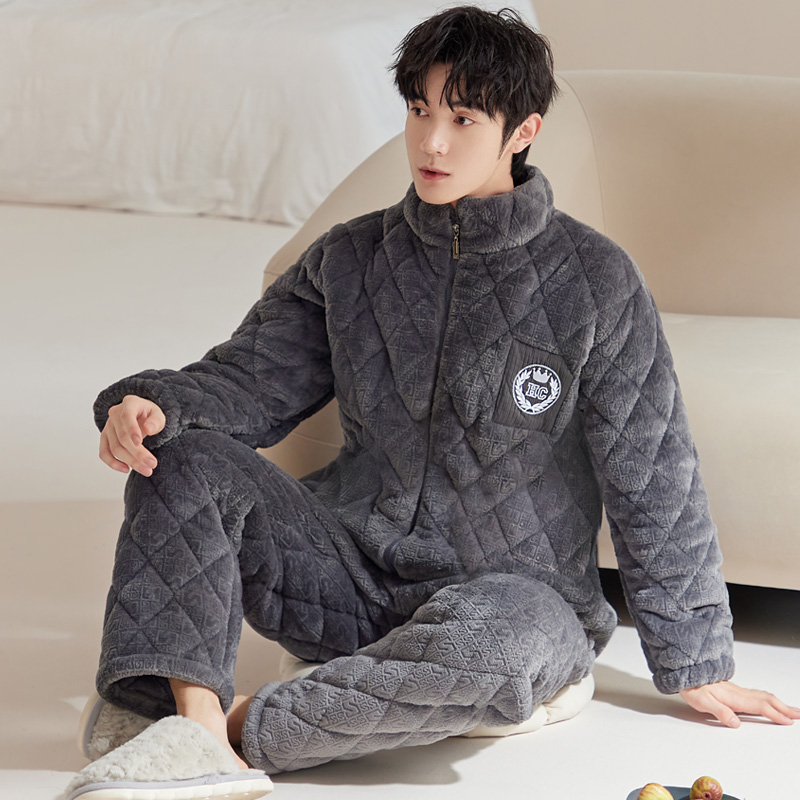 睡衣男冬季三层夹棉加绒加厚保暖秋冬款可外穿家居服运动棉袄套装