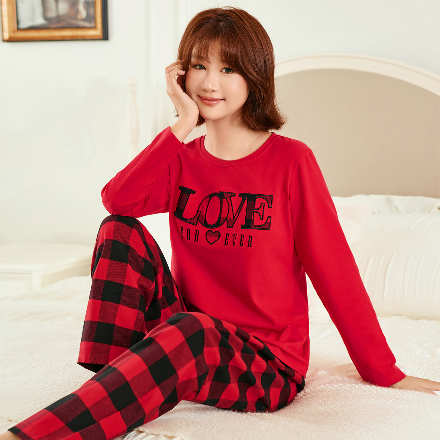 睡衣女秋冬新年红色女款纯棉家居服结婚喜庆秋冬季春秋款格子服饰