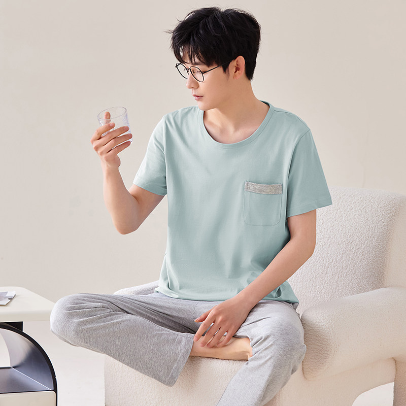 韩彩男士睡衣春夏季薄款纯棉短袖长裤圆领家居服全棉大码两件套装